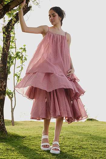Buy Pink Cotton, Silk Square Neck Princess Hand Block Print Midi