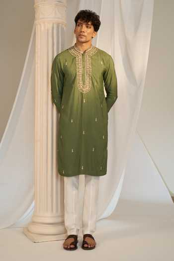 Combo of 3 Men Kurtas Stripe Cotton Handloom Green Beige and Peach