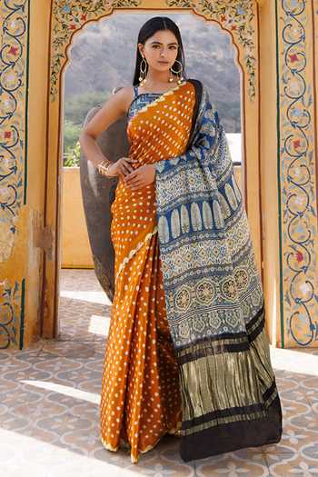 Olive Bandhani Printed Chinon Saree With Unstitched Blouse Piece