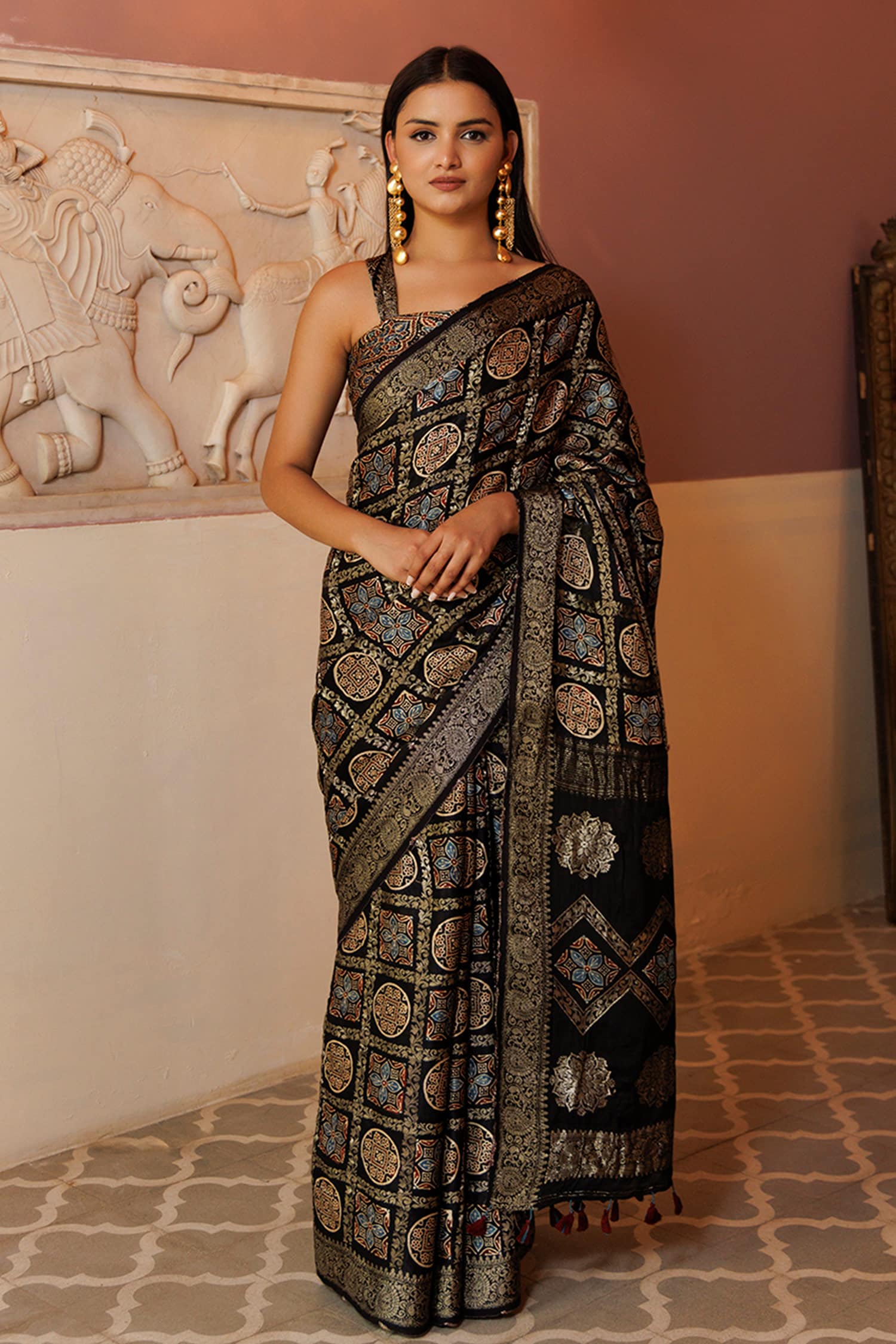 Buy Black Modal Silk Printed Ajrakh Zari Pattern Saree With Unstitched ...