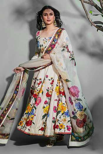 Chanderi Silk Floral Print Anarkali Pant Set