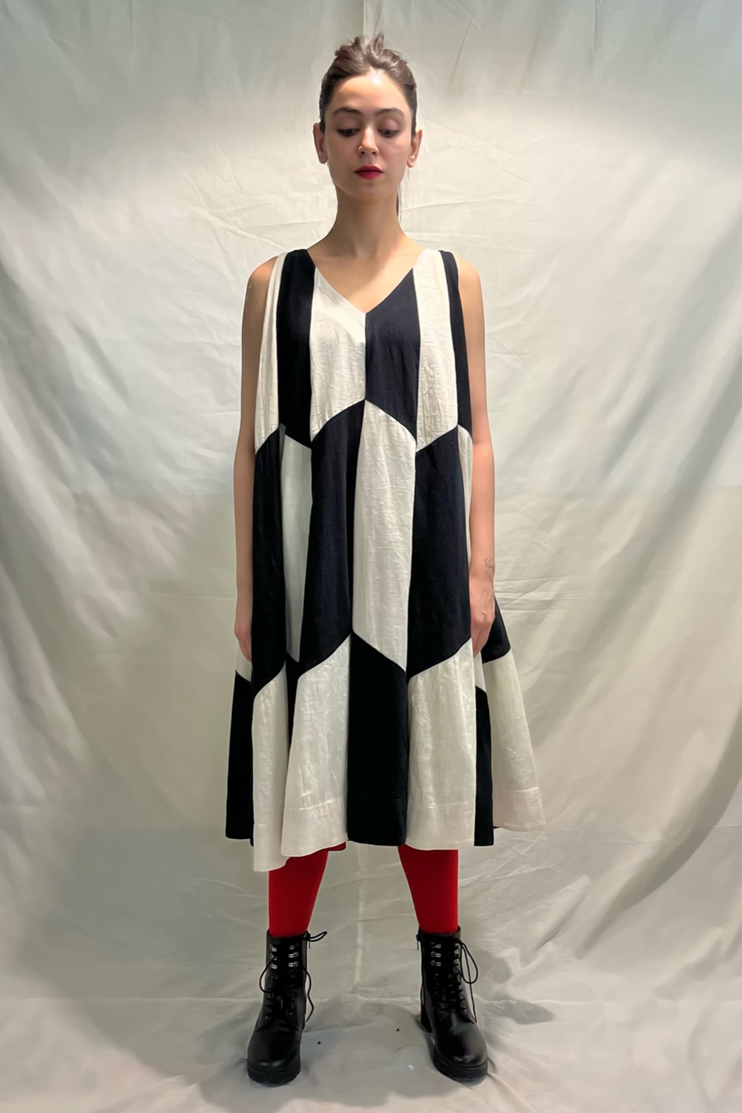 Buy Black Kala Cotton Patch V Neck Alum Panelled Dress For Women by Ka ...