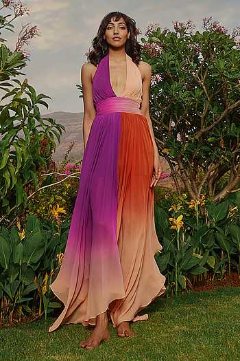 Babita Malkani - Red Georgette Halter Neck Ombre Pattern Maxi Dress