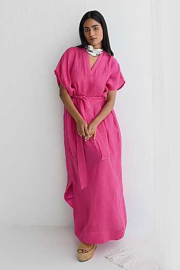 Solid Pink Linen with Red Trim Accent Short Sleeve Open VNeck Dress main image 1