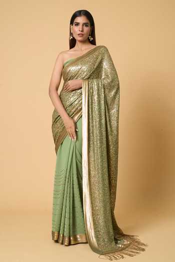 Green Embellished Silk Blend Saree With Unstitched Blouse Piece