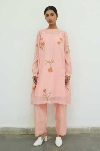 Buy Pink Mul Chanderi Hand Embroidery Flower Top Round Tunic Dress For ...
