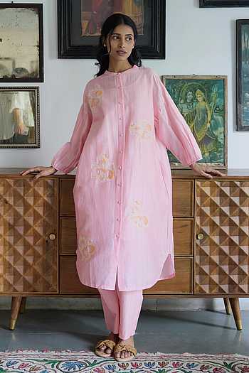 Powder blue chanderi anti fit coat collar dress