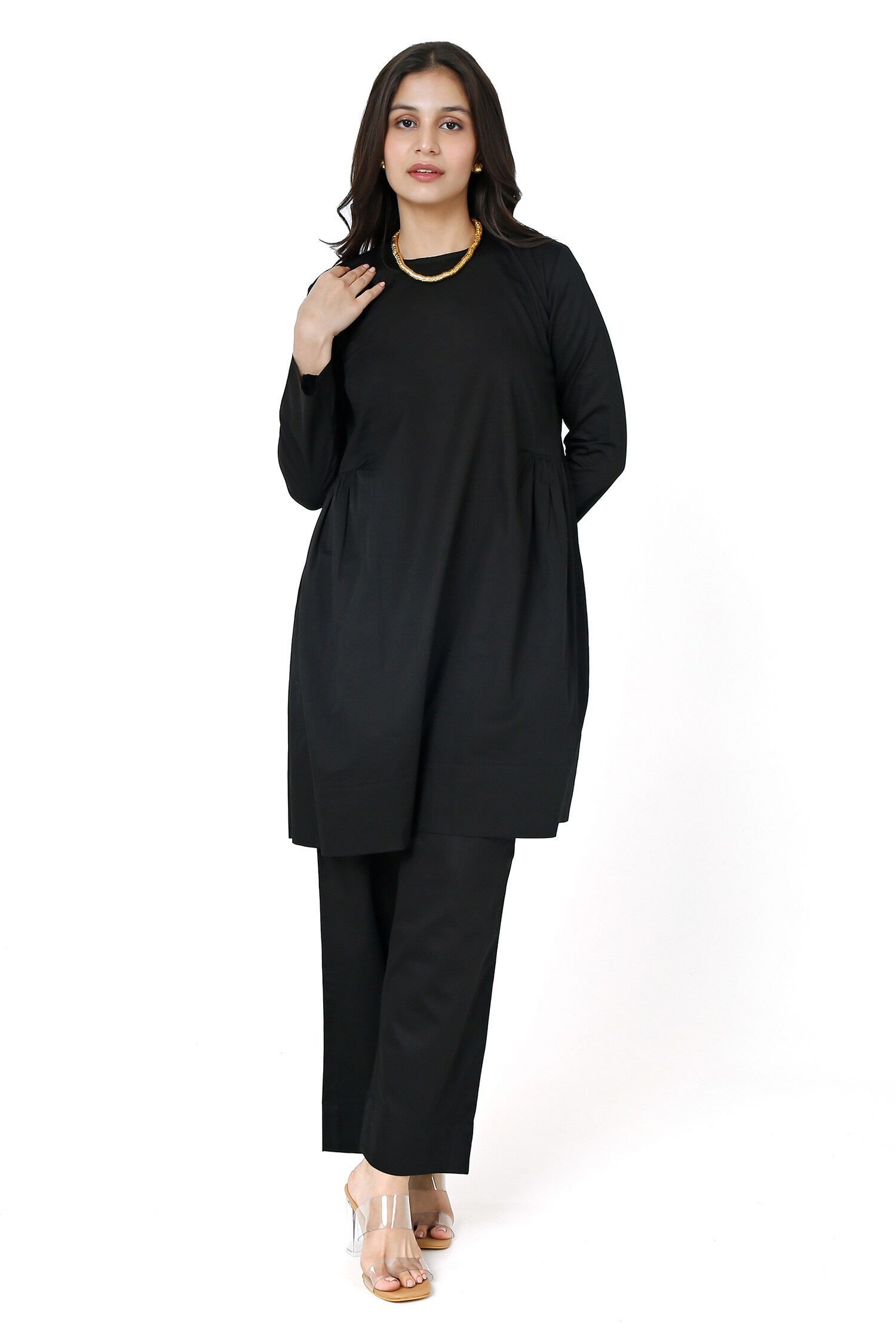 Buy Black Cotton Satin Solid High Round Neck Side Gathered Kurta With ...