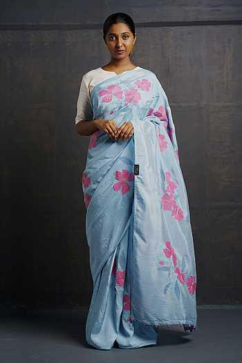 Blue Floral Woven Design Silk Blend Saree With Unstitched Blouse Piece