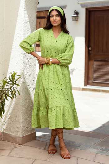 Buy Green Cotton Embroidery V-neck Tiered Schiffli Dress For Women by ASRUMO Online at Aza Fashions. Buy Green Cotton Embroidery V-neck Tiered Schiffli Dress For Women by ASRUMO Online at Aza Fashions.