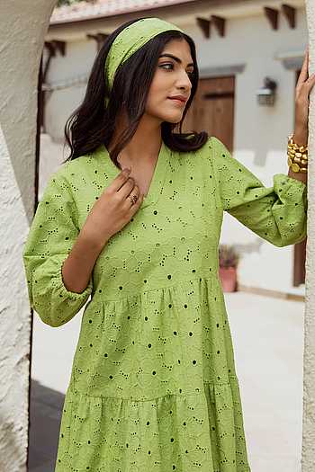 Buy Green Cotton Embroidery V-neck Tiered Schiffli Dress For Women by  ASRUMO Online at Aza Fashions.