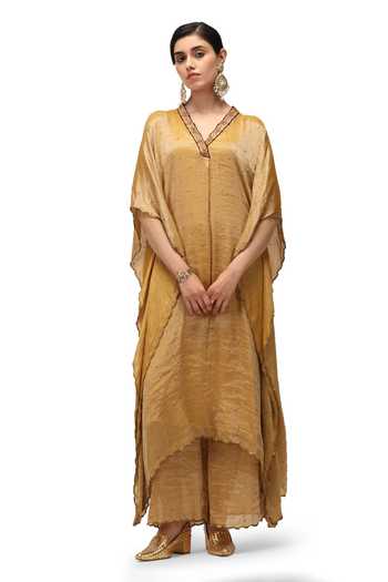 YELLOW EMBROIDERED SAREE STYLE KAFTAN SET
