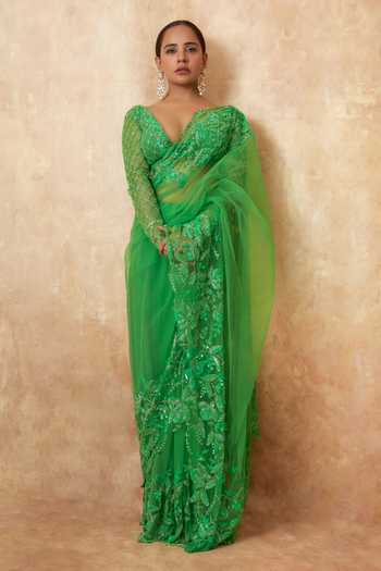 Tissue Saree with Hand-Embroidered Floral Sequins & Ornate Embellished Border main image 1