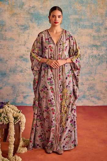 Buy Purple Cotton Print Floral V Neck Flower Vine Kaftan For Women by ...