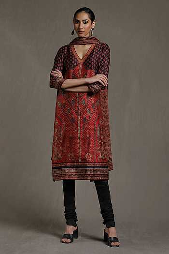 Red - Sequins Work Cotton Straight Sanganeri Print Kurta 01