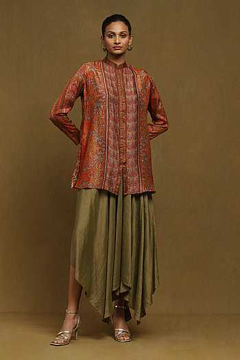 Kantha Work Printed Band Collar Straight Short Kurta