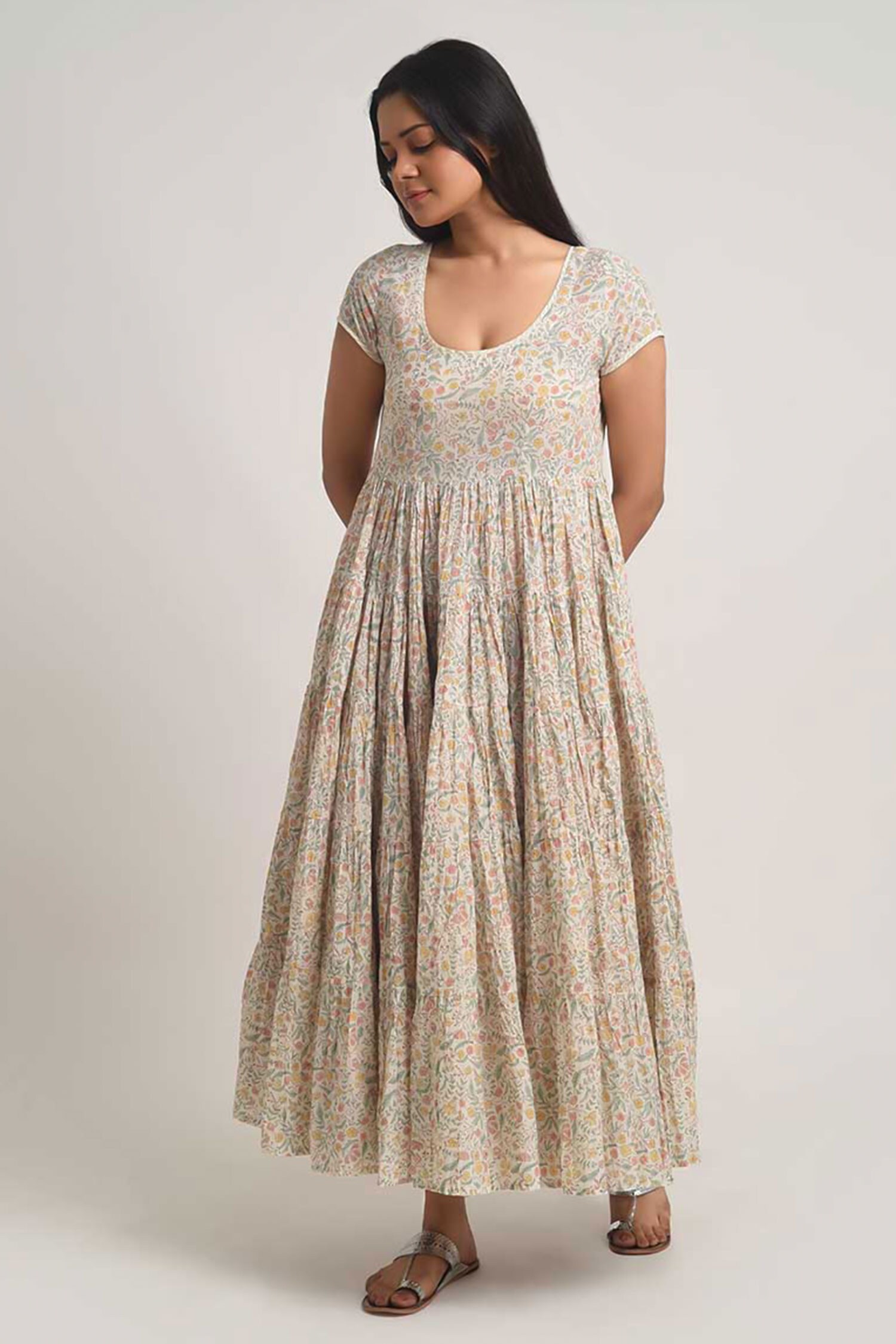 Buy Off White Cotton Hand Block Printed Floral Round Neck Kado Tiered ...