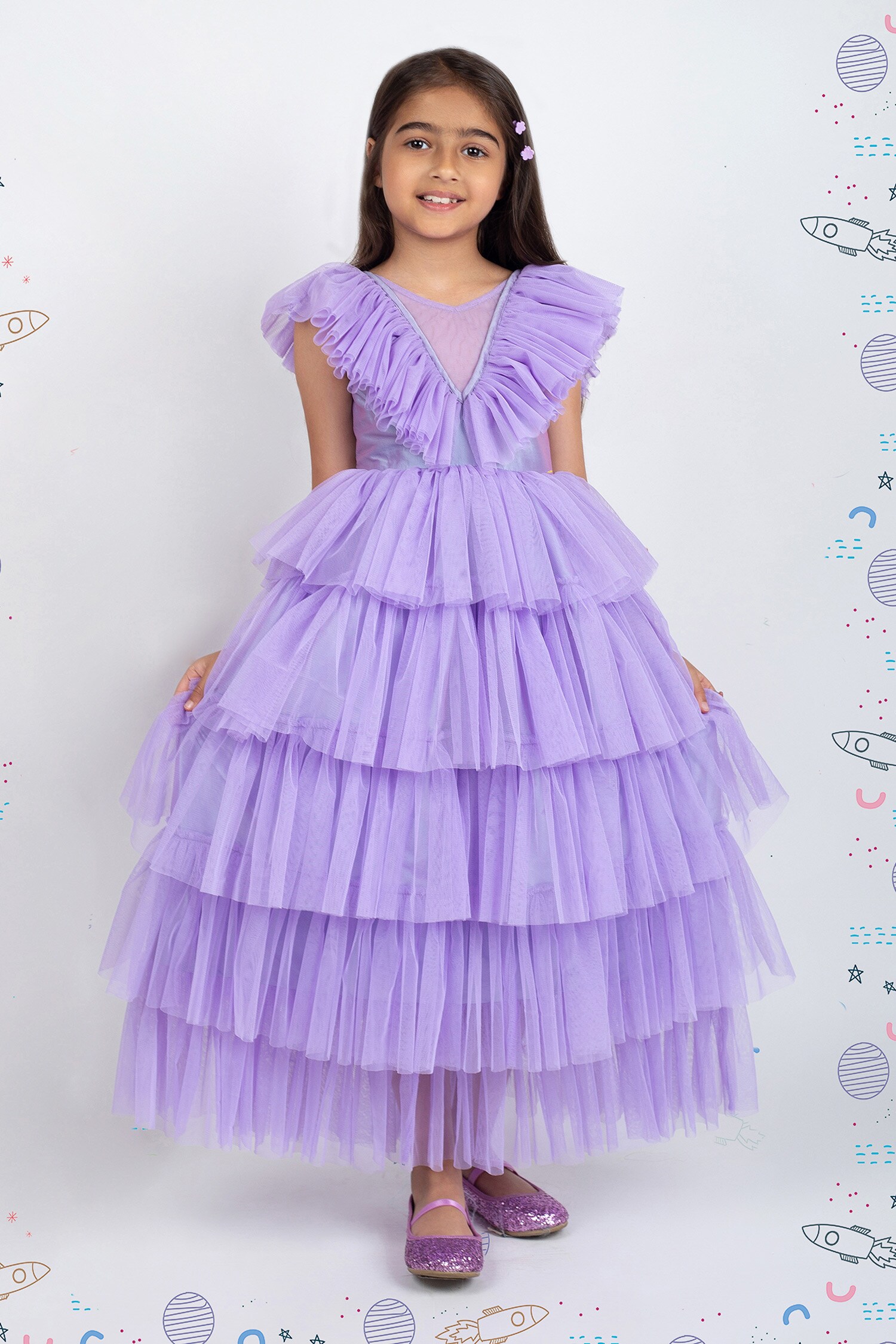 Buy Purple Net Ruffle Layered Dress For Girls by Jelly Jones Online at ...