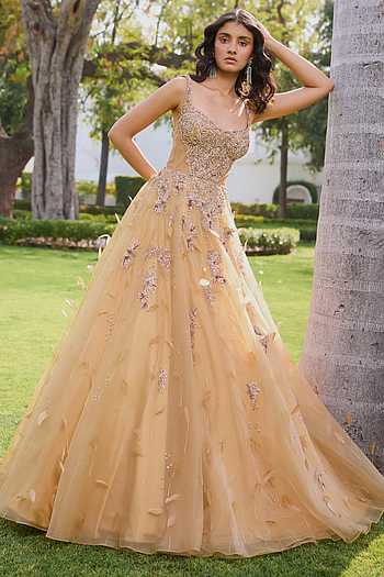 Shop Gold designer Gowns for Women Online | Aza Fashions