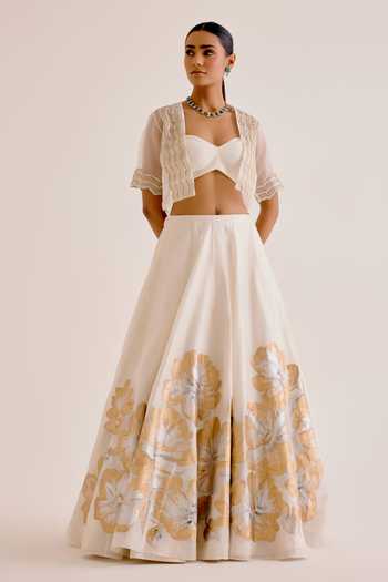 Black Chanderi Silk Hand Work Blouse Lehenga Set