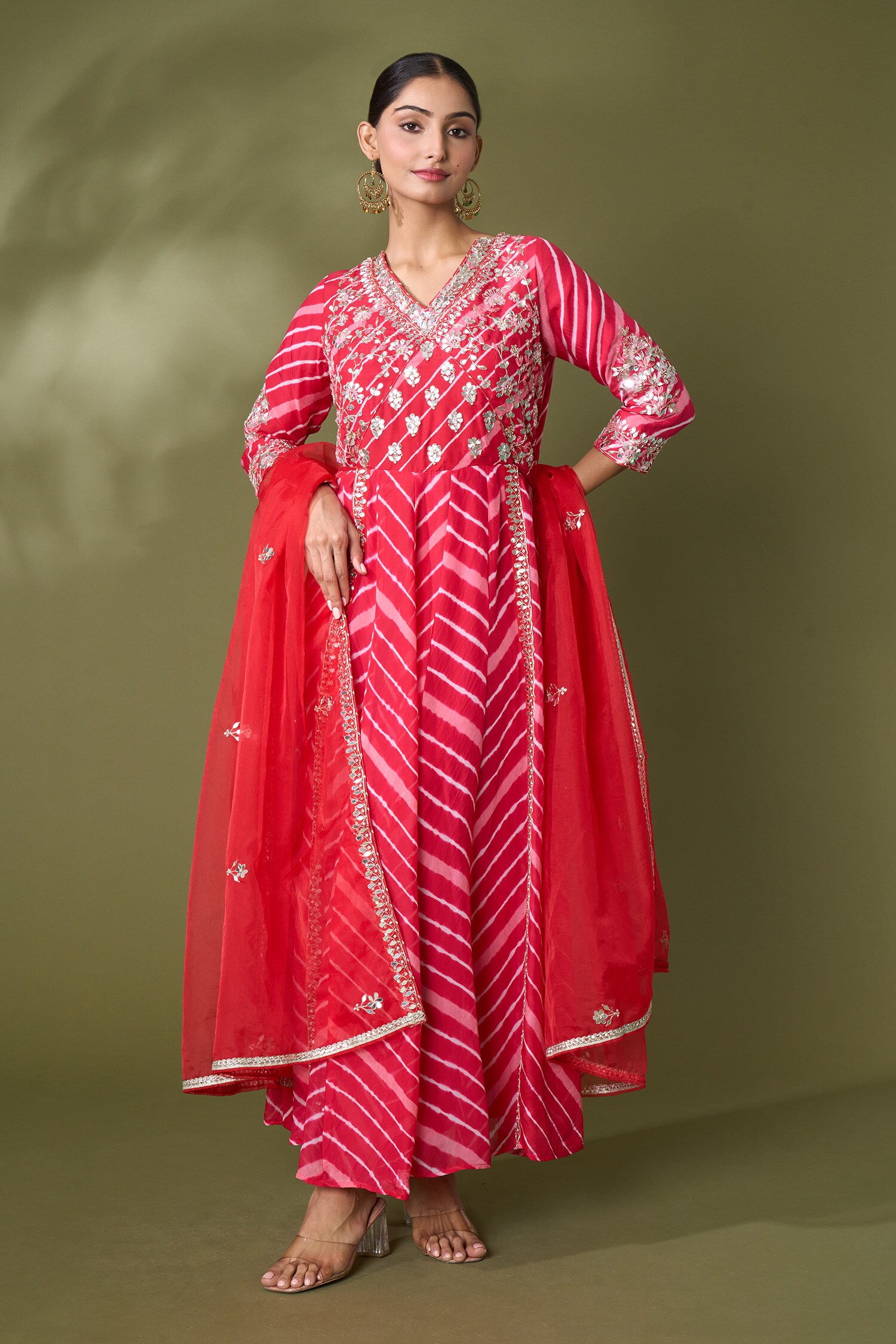 Buy Red Organza Print Leheriya V Gota Fleur Work Angarkha Anarkali With