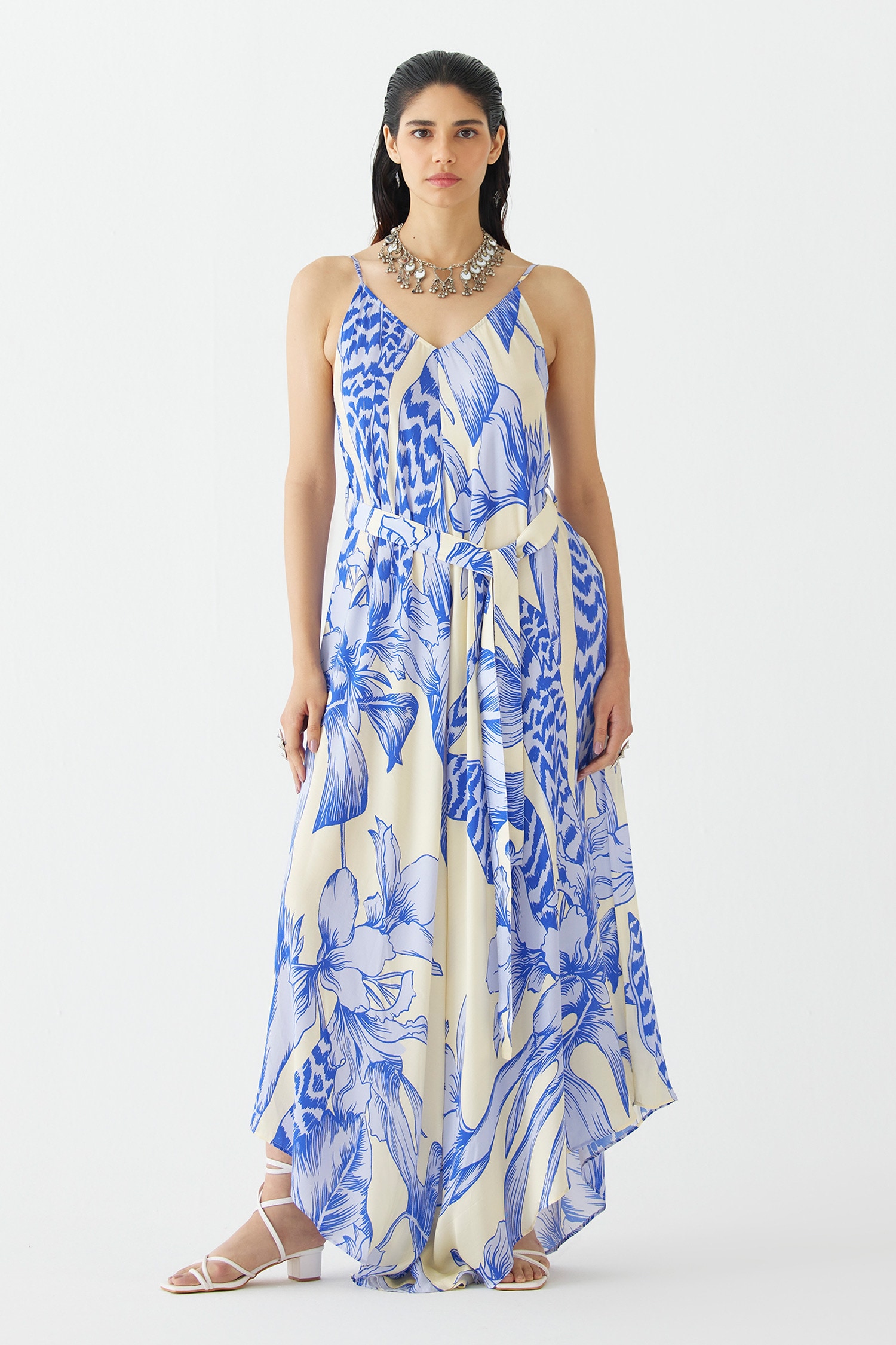 Buy Blue Vegan Silk Print Aphrodite V Neck Jumpsuit With Belt For Women ...