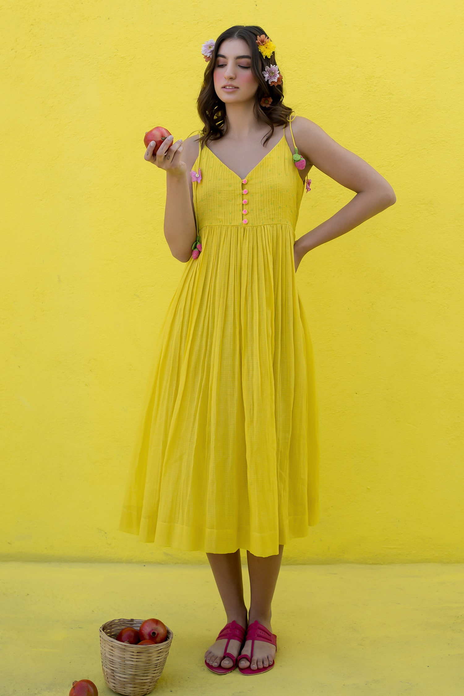 Buy Yellow Cotton Kota Pintucked Yoke Fruit Flora Tassel Embellished Dress For Women by Nimbu