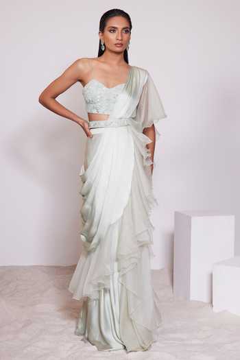 Pear Green Printed And Highlighted Ruffle Skirt Saree Set