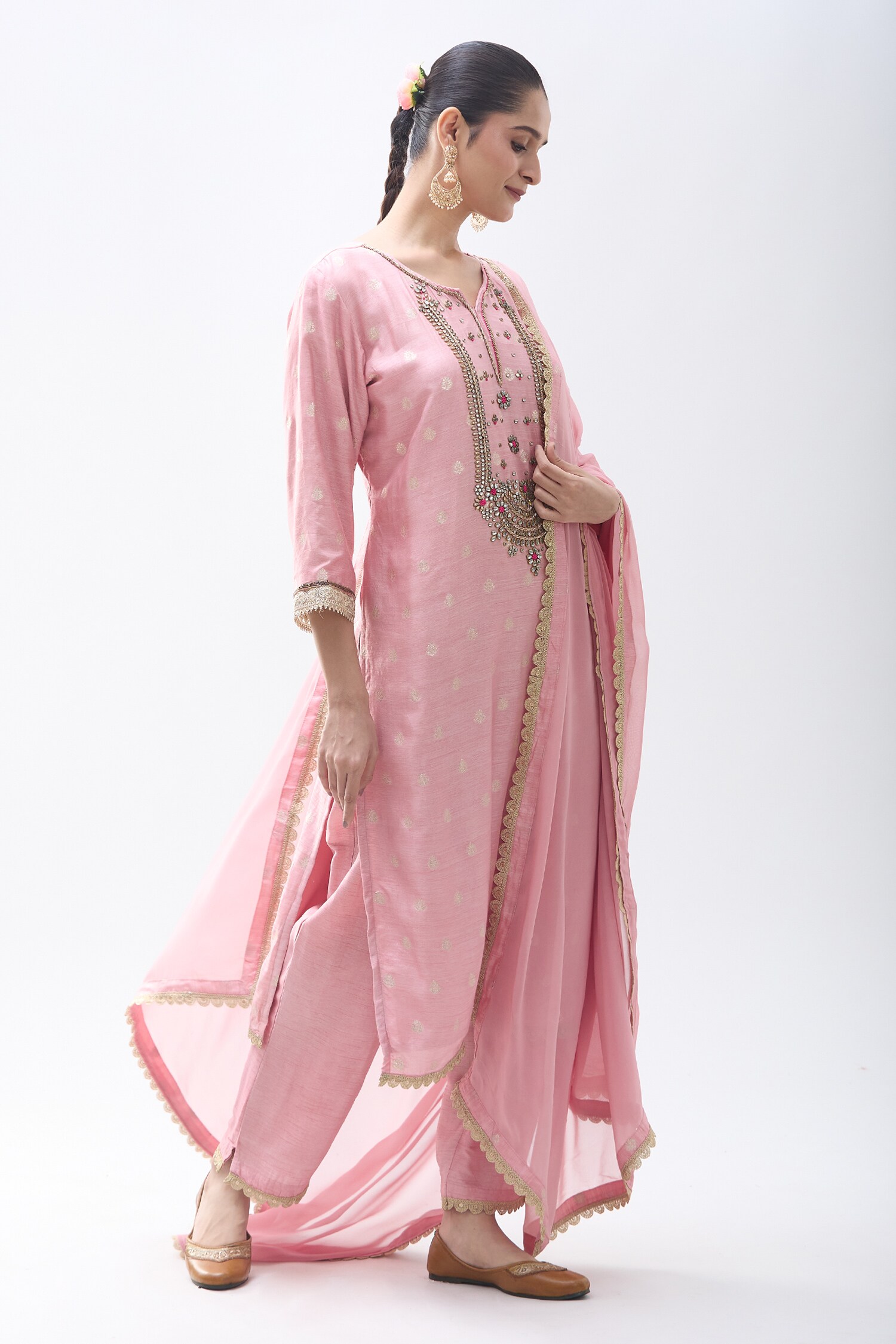 Buy Pink Kurta And Pant Silk Hand Embroidered Kundan Notched Floral ...