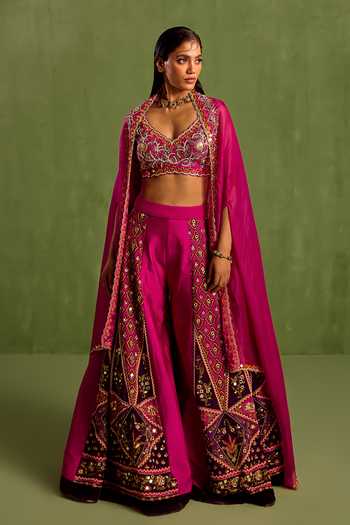 Aqua Silk Blouse With Organza Drape And Organza Sharara main image 1