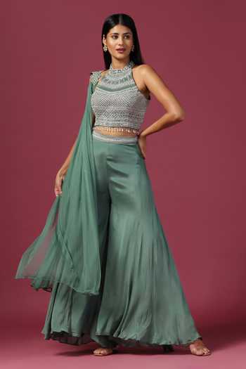 Hand Embroidered Crop Top with Georgette Sharara Pants