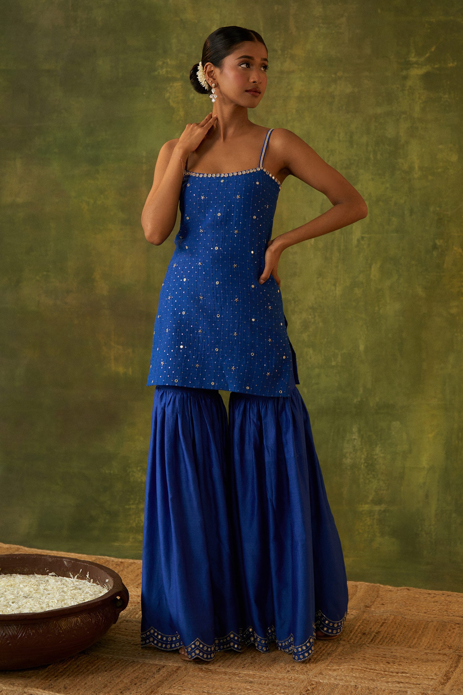 Buy Blue Kurta And Gharara Pure Silk Tissue Hand Embroidered Mirror ...