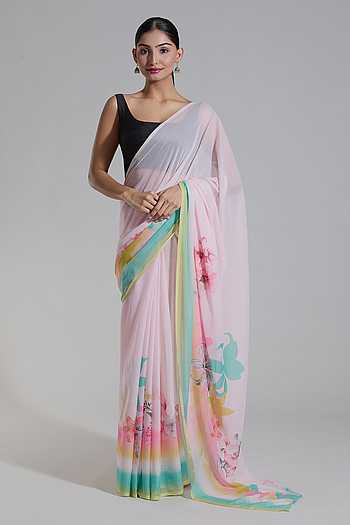 Women Pink Cotton Blend Digital Printed Saree With Unstitched Blouse