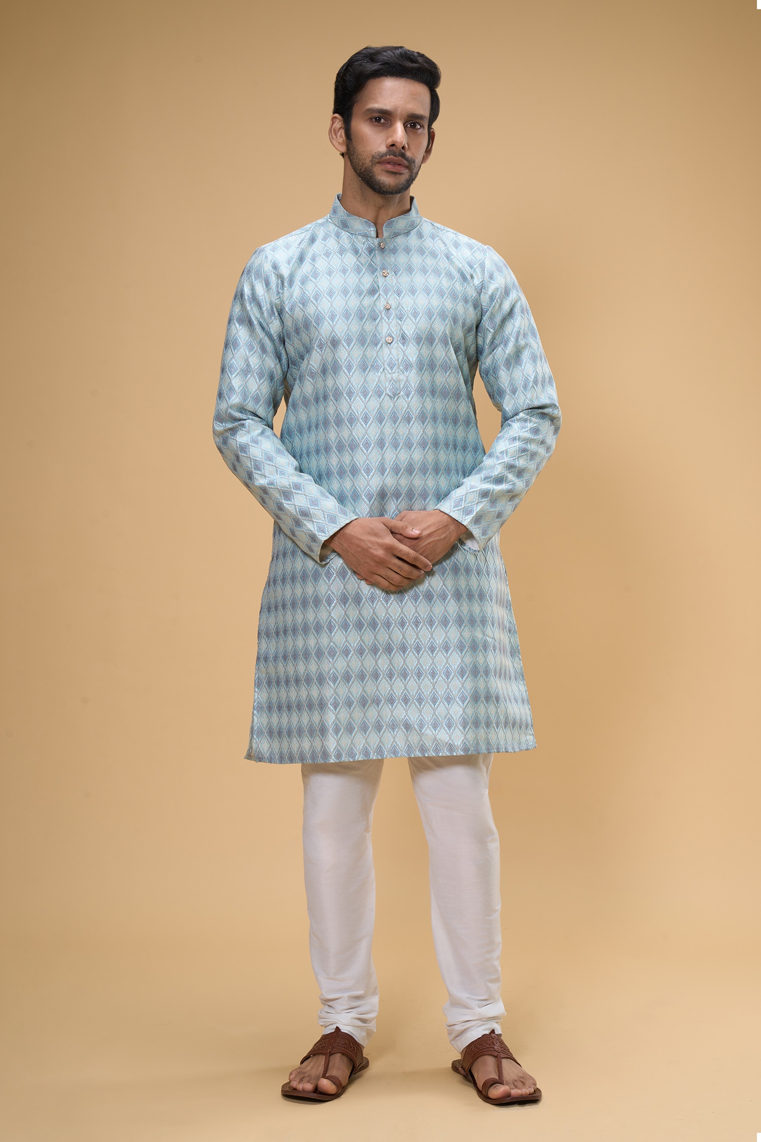 Buy Blue Kurta Jacquard Embroidered Floral And Churidar Set For Men by ...