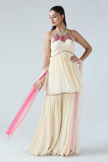 Georgette Embroidered Peplum Kurta Sharara Dupatta Set main image 1