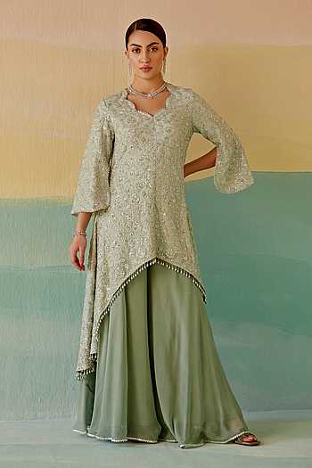 Women's Red Embellished Beads & Stones A-Line Georgette Kurta