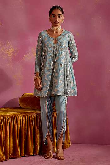 Cream and Blue Kurta Art Embroidered Banarasi Silk Aligadhi Pant main image 1