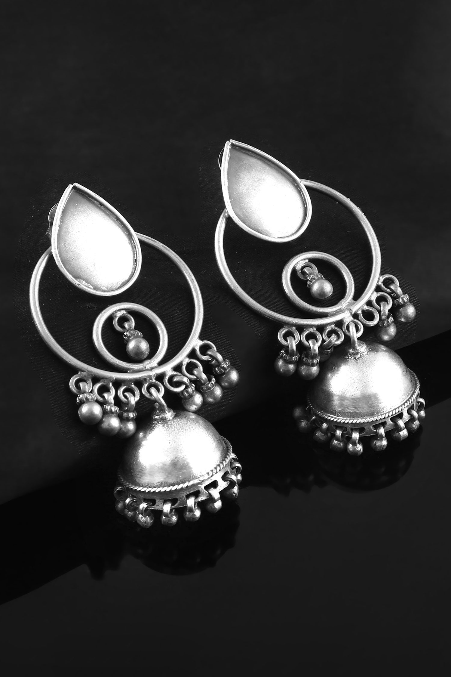 Buy Silver Plated Ghungroo Embellished Teardrop Antique Jhumkas by Noor ...