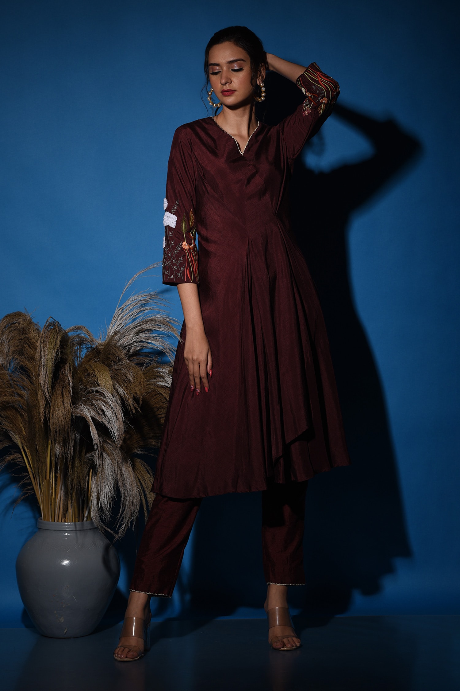 Buy Brown Silk Emboidered Sequins V-neck Coffee Floral Kurta Pant Set ...