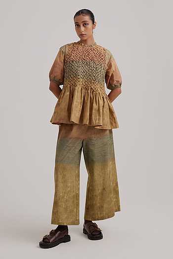 Purple & Cream Cotton Blend Printed Alia Cut Peplum Top With Tassles and Kodi