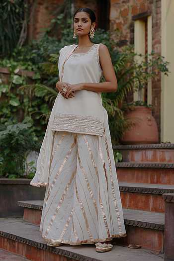 White Gota Work Kurta with Palazzo Set
