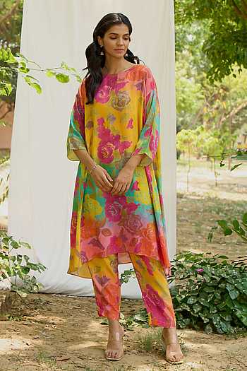 RFSS1908 - Beautiful Burnt Orange Pure Crepe Printed Kaftan With Loose Pants