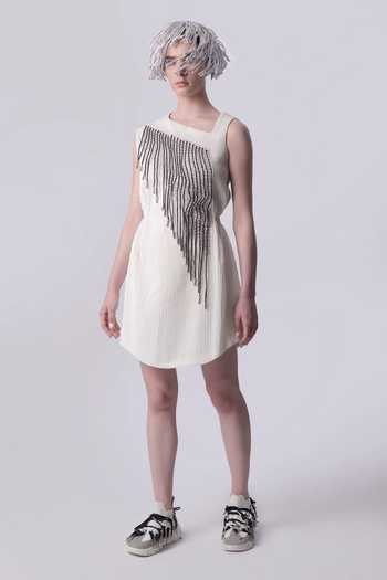 Buy White Scooba (100% Polyester) Hand Embroidered 3d Chords Asymmetric  A-line Dress For Women by Nitin Bal Chauhan Online at Aza Fashions