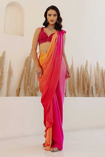 Ombre Ruffled Saree With Zircon Embellished Blouse & Belt