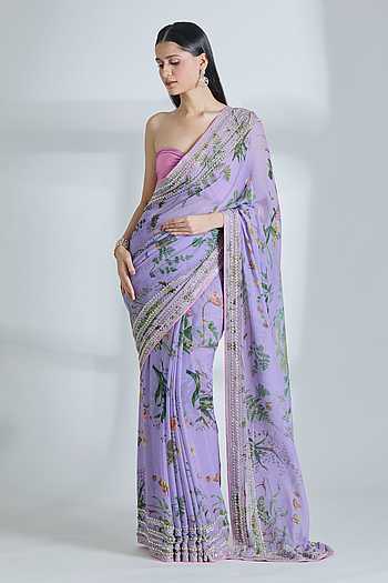 Purple Embroidered Chiffon Saree With Unstitched Blouse Piece