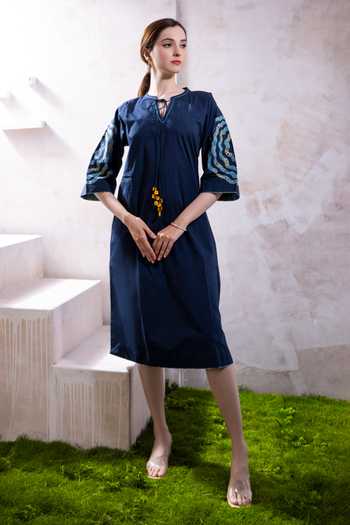 Buy Blue Cotton, Poplin Applique Mandarin Collar Noor Abstract Work A-line  Dress For Women by The White Tree Studio Online at Aza Fashions.