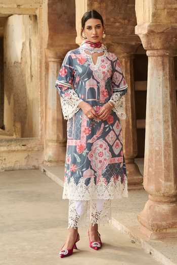 Sage Green Laced Kurta with Palazzo and Embroidered Dupatta
