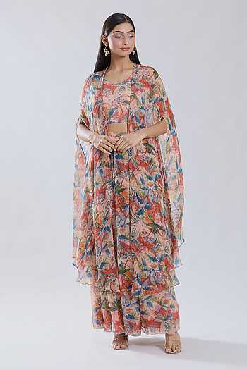 Floral Pattern Asymmetric Cape Sharara Set
