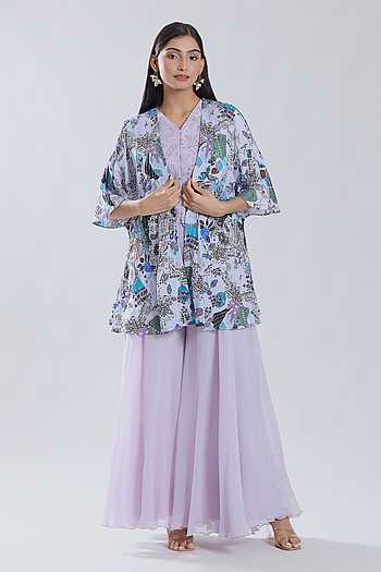 Floral Pattern Cape Embroidered Coat Set
