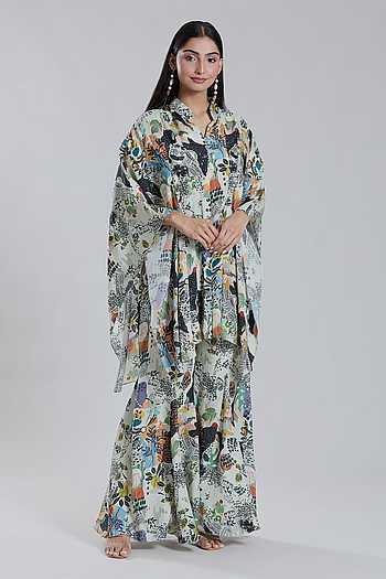 Asymmetric Floral Pattern Cape Sharara Set